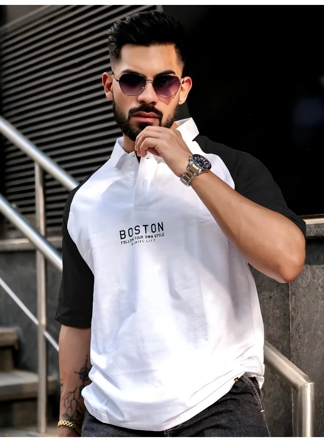 Maniac Mens Printed Raglan Polo Neck 3/4th Sleeve White and Black Cotton Oversized T-Shirt