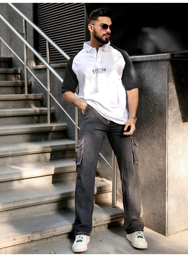 Maniac Mens Printed Raglan Polo Neck 3/4th Sleeve White and Black Cotton Oversized T-Shirt