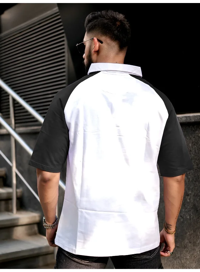 Maniac Mens Printed Raglan Polo Neck 3/4th Sleeve White and Black Cotton Oversized T-Shirt