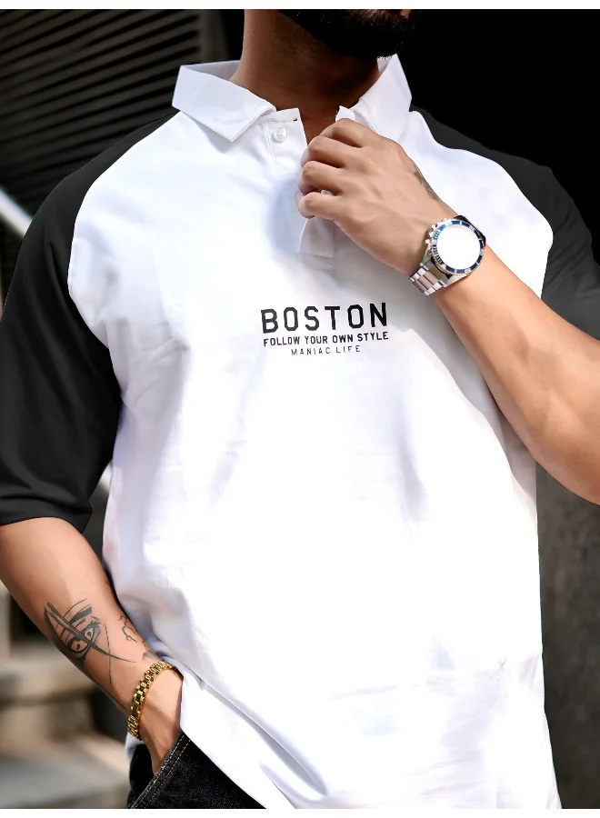 Maniac Mens Printed Raglan Polo Neck 3/4th Sleeve White and Black Cotton Oversized T-Shirt
