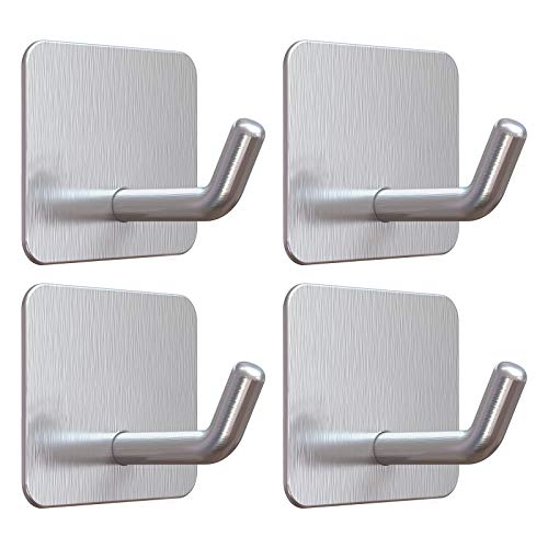 VIS'V Adhesive Hooks, Heavy Duty Shower Wall Stick on Hooks, Waterproof, 2 Extra Adhesive Strips, Silver, 4 Pcs - Image 1