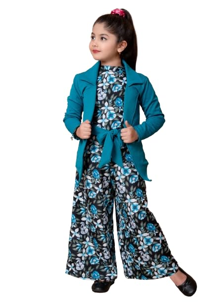 SPAMitude Girls Self Designed Premium Cotton Jacket Jumpsuit Dress | Floral Printed Jumpsuit Jacket Set for Birthday Girl (9-10 Years, Blue) - Image 1
