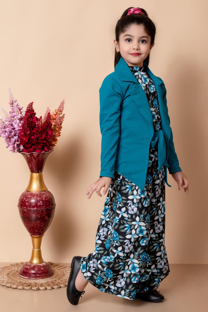 SPAMitude Girls Self Designed Premium Cotton Jacket Jumpsuit Dress | Floral Printed Jumpsuit Jacket Set for Birthday Girl (9-10 Years, Blue) - Image 3