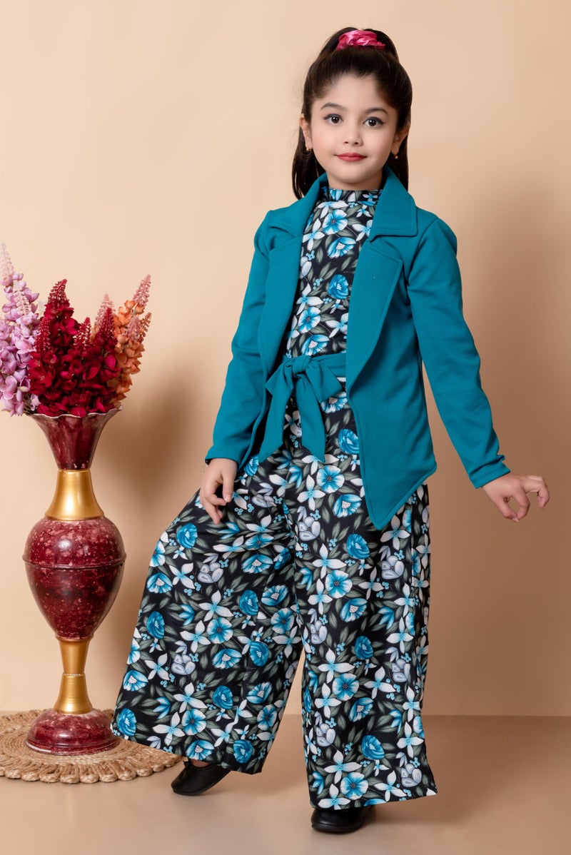 SPAMitude Girls Self Designed Premium Cotton Jacket Jumpsuit Dress | Floral Printed Jumpsuit Jacket Set for Birthday Girl (9-10 Years, Blue) - Image 4