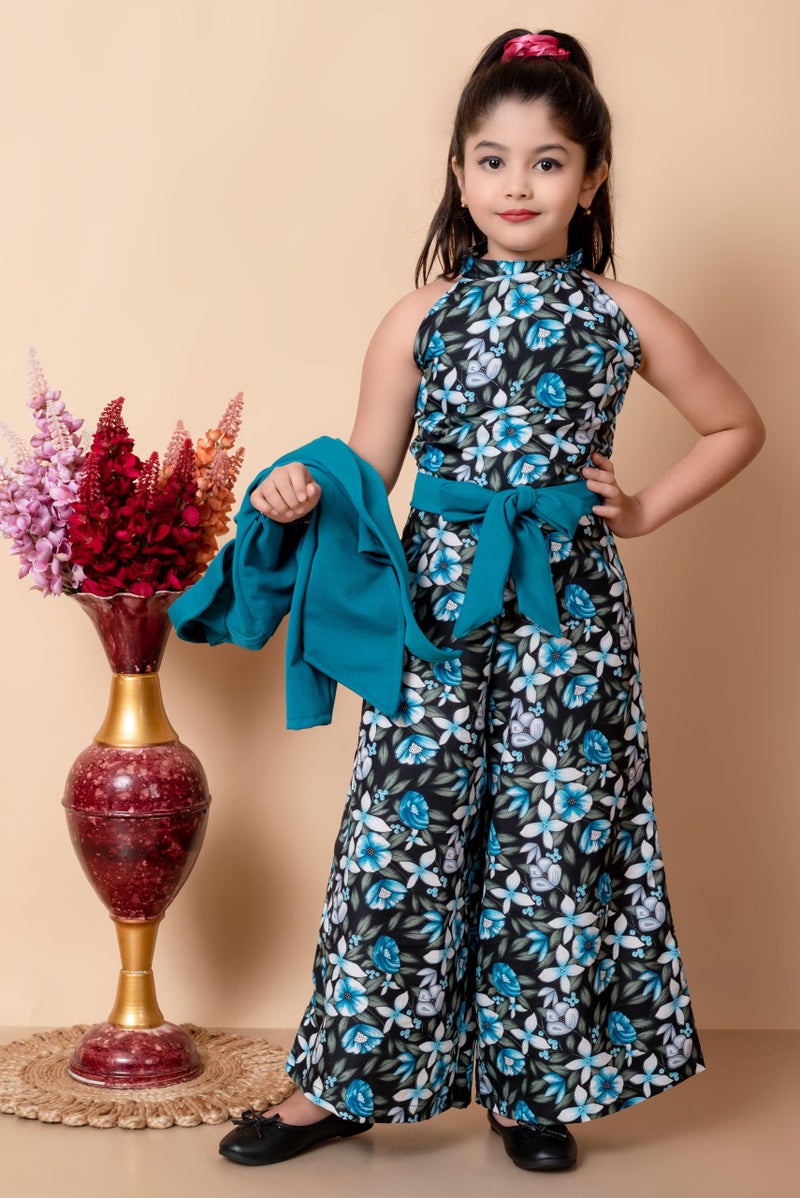 SPAMitude Girls Self Designed Premium Cotton Jacket Jumpsuit Dress | Floral Printed Jumpsuit Jacket Set for Birthday Girl (9-10 Years, Blue) - Image 5