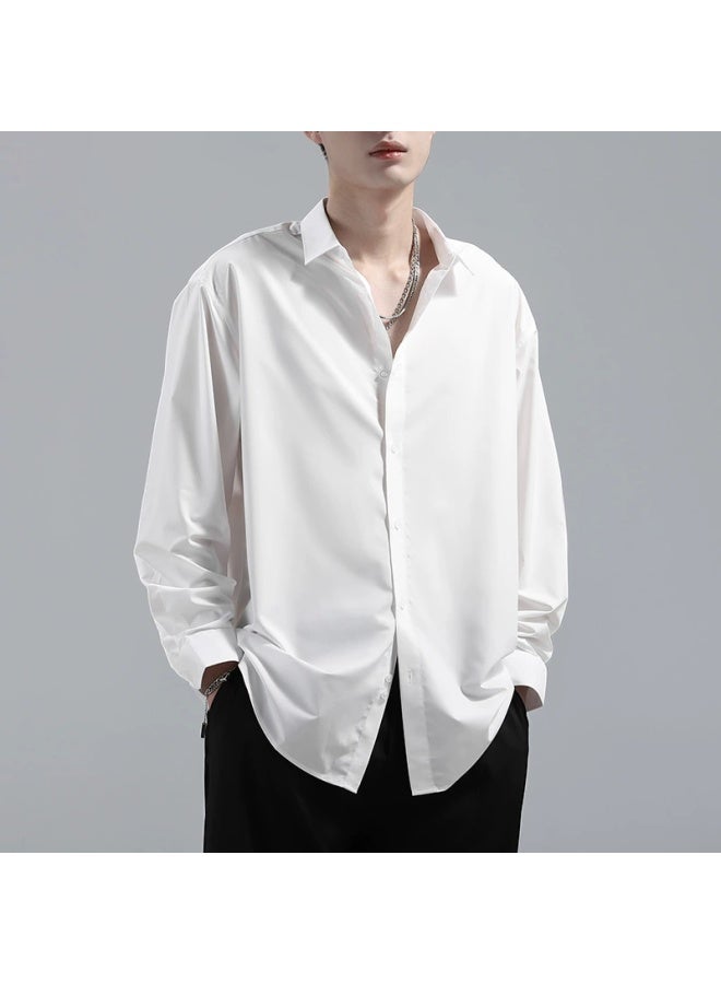 Homlean Style Minimalist Long-sleeve Shirt Men's Spring Casual Inner Wear High-end Lapel Jacket Hl11 White XL - Image 1