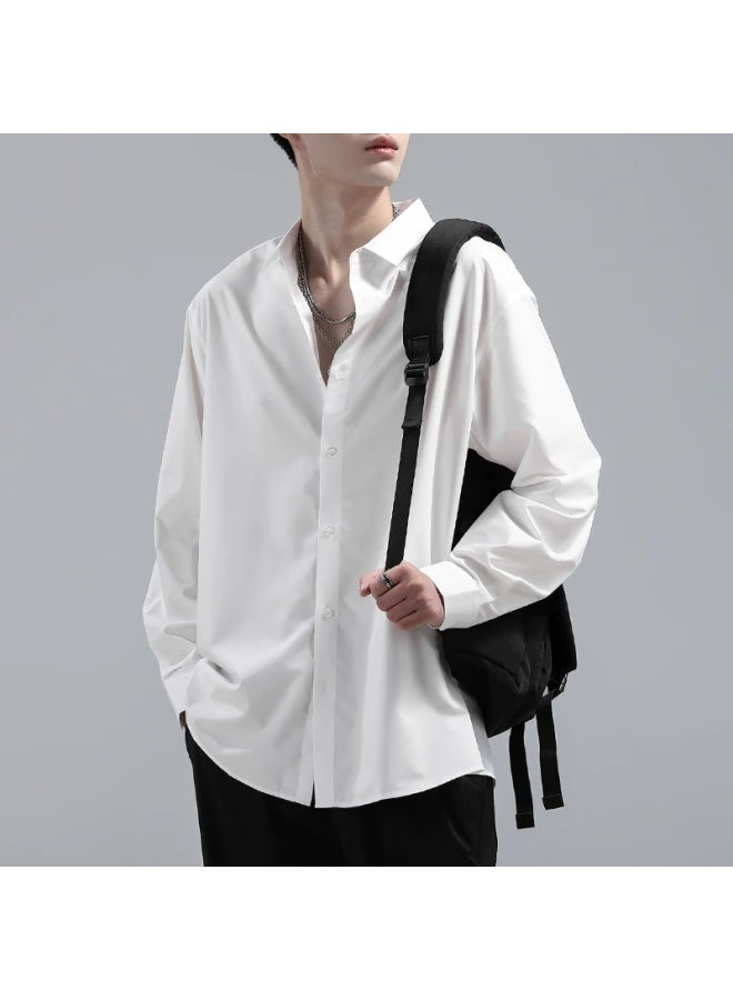 Homlean Style Minimalist Long-sleeve Shirt Men's Spring Casual Inner Wear High-end Lapel Jacket Hl11 White XL - Image 4