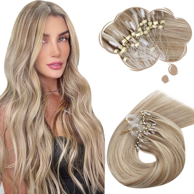 Moresoo Microlink Hair Extensions Human Hair Highlight Brown with Blonde Micro Ring Hair Extensions Human Hair Platinum Blonde Microbead Hair Extensions Human Hair Straight 20 inch 50s 50g
