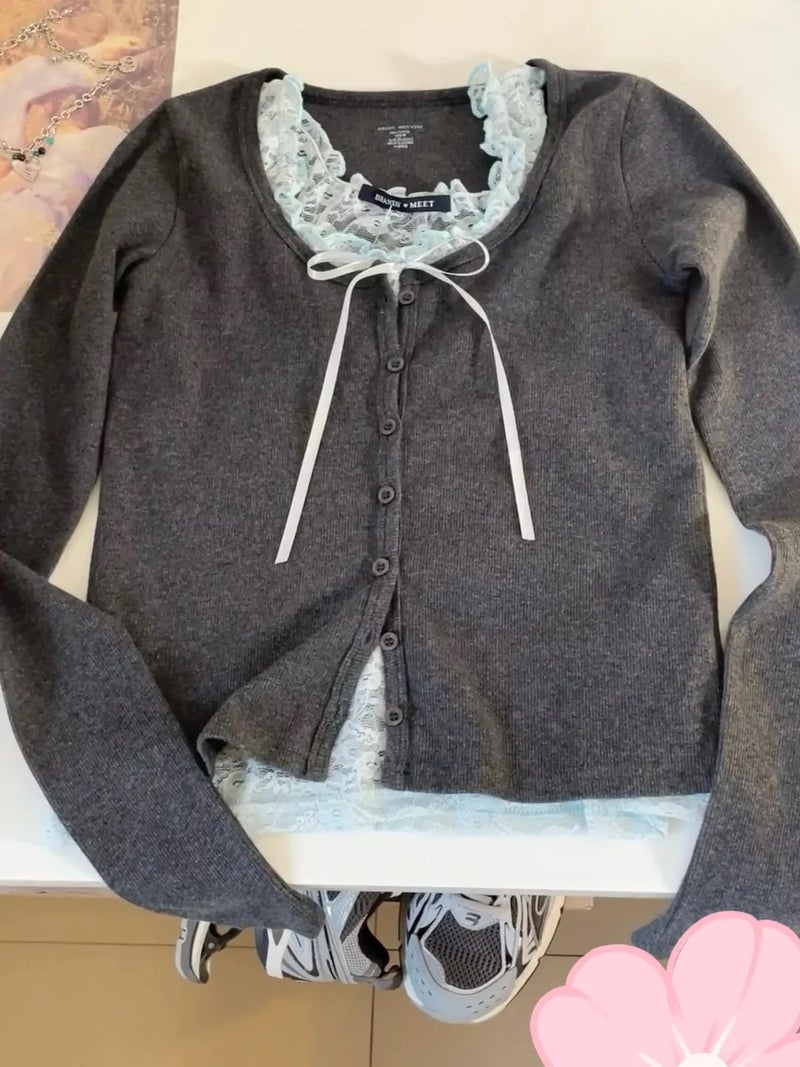 Pure Lace Hollow Stacked Bow Sleeveless Top Early Autumn Gentle Knitted Cardigan - Image 4