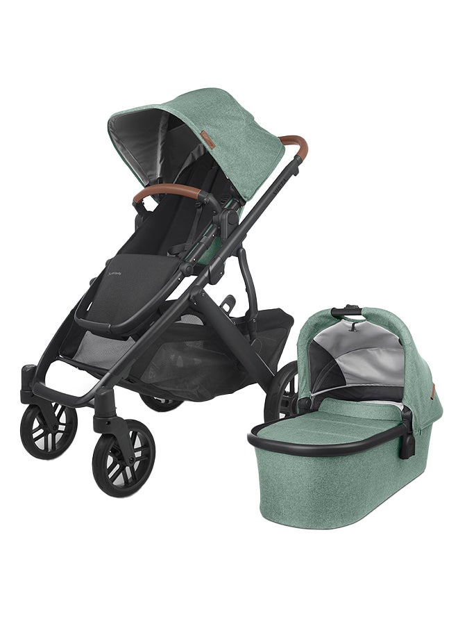 UPPAbaby - Vista V2 Convertible Stroller Gwen Green Melange With Carbon Frame And Saddle Leather, Premium Double Stroller With Enhanced Suspension - Image 1