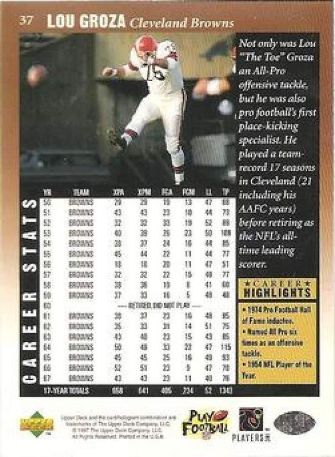 Upper Deck 1997 UD Legends Football #37 Lou Groza Cleveland Browns Official Upper Deck NFL Alumni Trading Card - Image 2