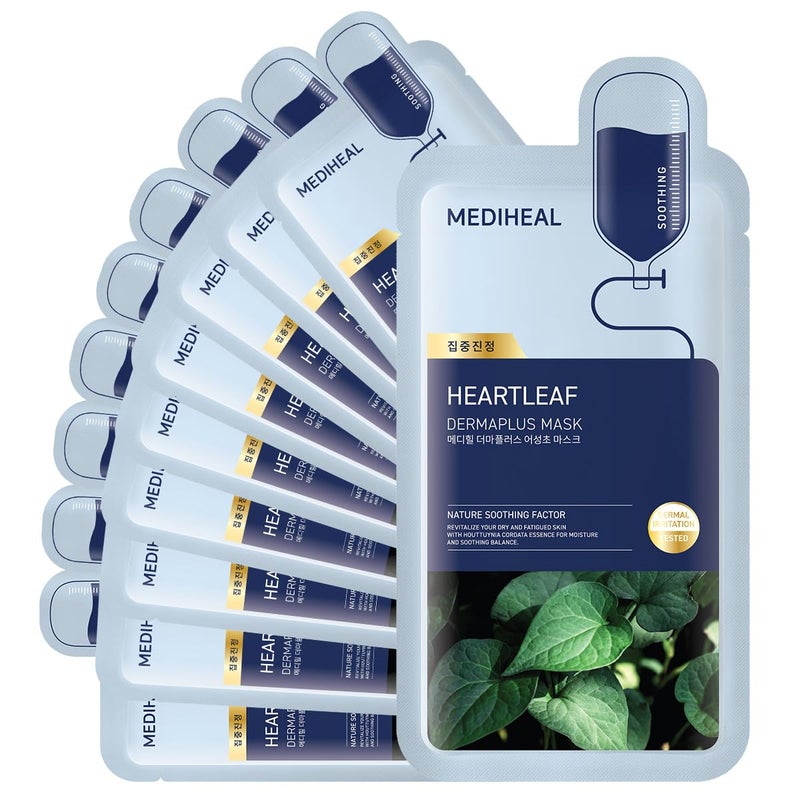 Mediheal Dermaplus Heartleaf Mask (10 Counts) - Daily Vegan Mask for Soothing Skin with Panthenol & Hyaluron, Korean Self Skin Care Sheet Mask - Image 1
