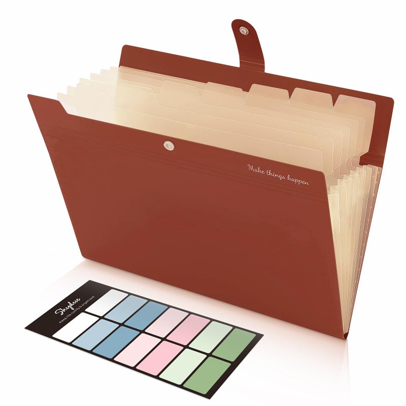 SKYDUE File Folder with Labels, Accordion File Organizer with 8 Pockets, Portable Document Organizer, A4 Letter Size, Paper Organizer for Office, Brown - Image 1