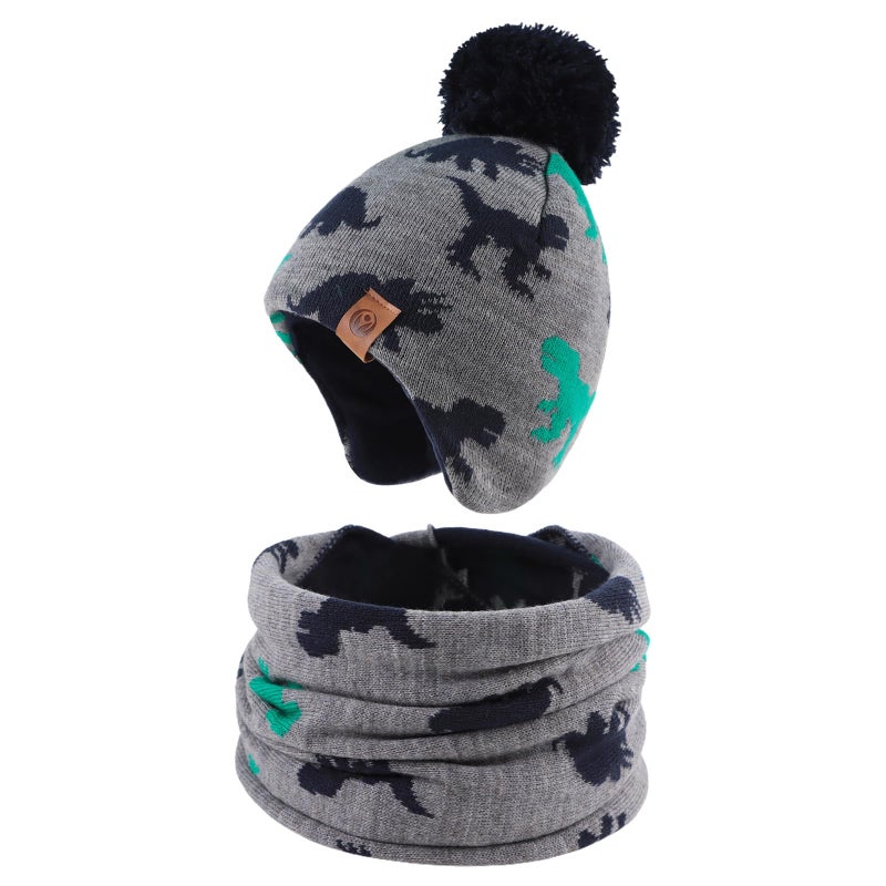 JANGANNSA Knitted Baby Hat Scarf Set Winter Warm Boys Girls Beanie Fleece Lining Toddler Kids Hats with Pompom (Gray Dinosaur(Hat+Scarf), M) - Image 1