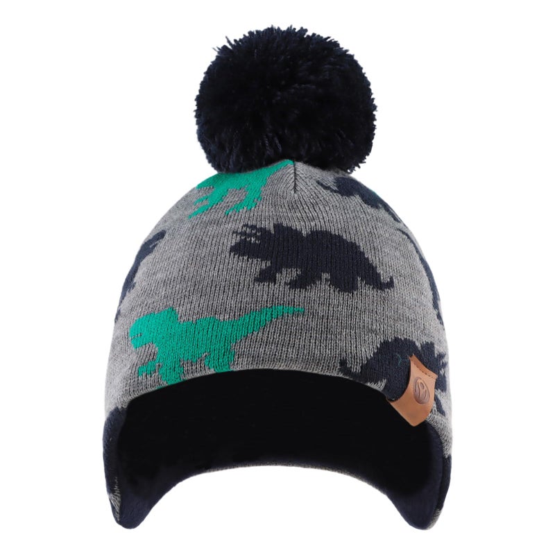 JANGANNSA Knitted Baby Hat Scarf Set Winter Warm Boys Girls Beanie Fleece Lining Toddler Kids Hats with Pompom (Gray Dinosaur(Hat+Scarf), M) - Image 2