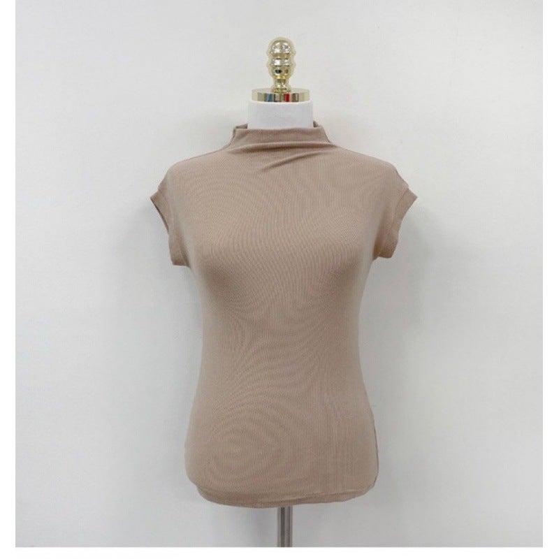 Chic design niche short white T-shirt womens short sleeve slim fit tight top T-shirt half turtleneck bottoming shirt Khaki - Image 1
