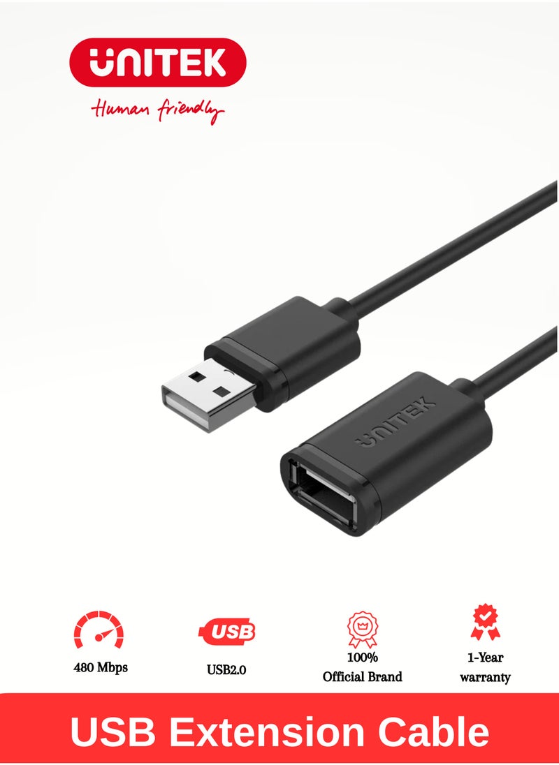 UNITEK كابل تمديد USB 2.0 من Unitek، USB-A ذكر إلى USB-A أنثى، متوافق مع كاميرا الويب والهاتف ومحور USB والفأرة ولوحة المفاتيح والقرص الصلب وسماعة الرأس ومحرك أقراص فلاش والتلفزيون  - Image 1
