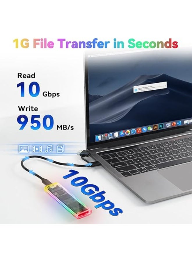 ELUTENG Transparent M.2 NVMe SSD Enclosure – 10Gbps USB Adapter with Colorful LED – UASP & Trim Support – USB-C to C/A Cables – Fits M-Key SSD 2230/2242/2260/2280 - Image 3
