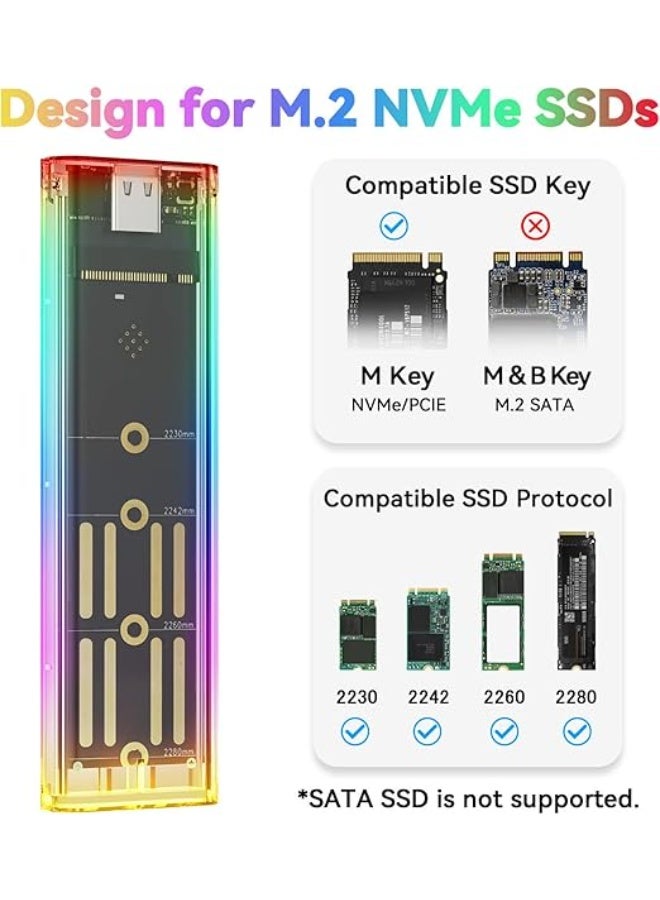 ELUTENG Transparent M.2 NVMe SSD Enclosure – 10Gbps USB Adapter with Colorful LED – UASP & Trim Support – USB-C to C/A Cables – Fits M-Key SSD 2230/2242/2260/2280 - Image 2