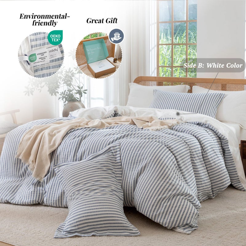MILDLY Blue Striped Duvet Cover - 100% Washed Cotton Jacquard Boho Textured Comforter Cover 3pcs with Zipper Closure 90"x90" - Image 3
