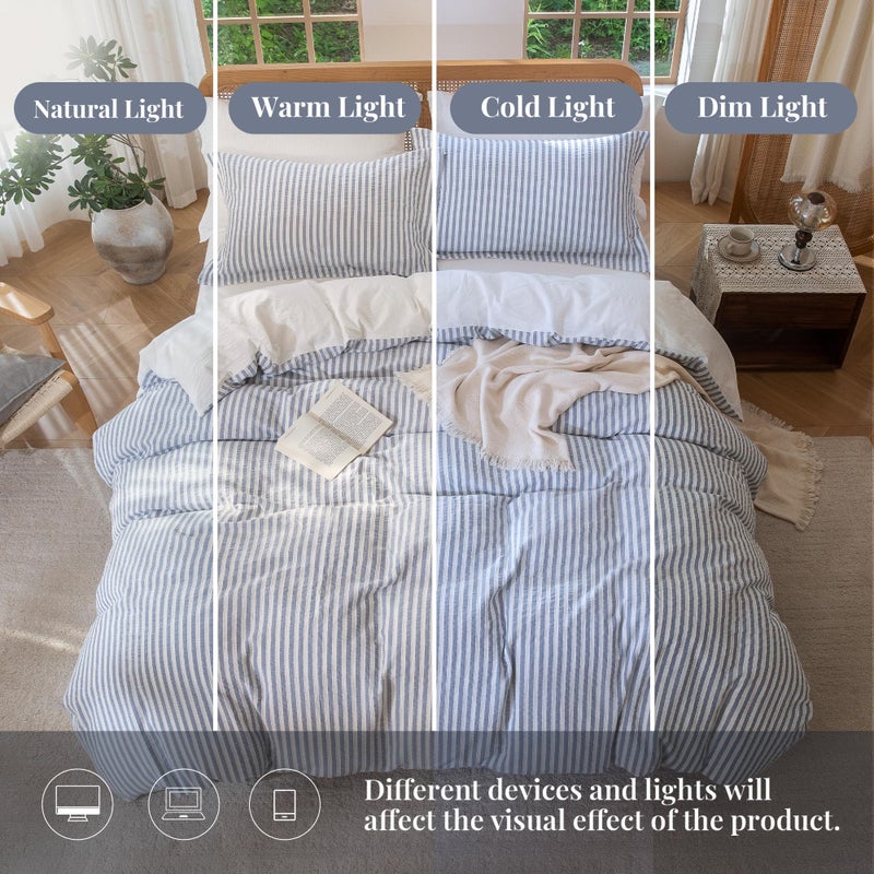 MILDLY Blue Striped Duvet Cover - 100% Washed Cotton Jacquard Boho Textured Comforter Cover 3pcs with Zipper Closure 90"x90" - Image 4
