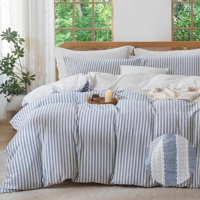 MILDLY Blue Striped Duvet Cover - 100% Washed Cotton Jacquard Boho Textured Comforter Cover 3pcs with Zipper Closure 90"x90" - Image 1