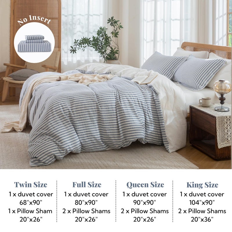 MILDLY Blue Striped Duvet Cover - 100% Washed Cotton Jacquard Boho Textured Comforter Cover 3pcs with Zipper Closure 90"x90" - Image 5