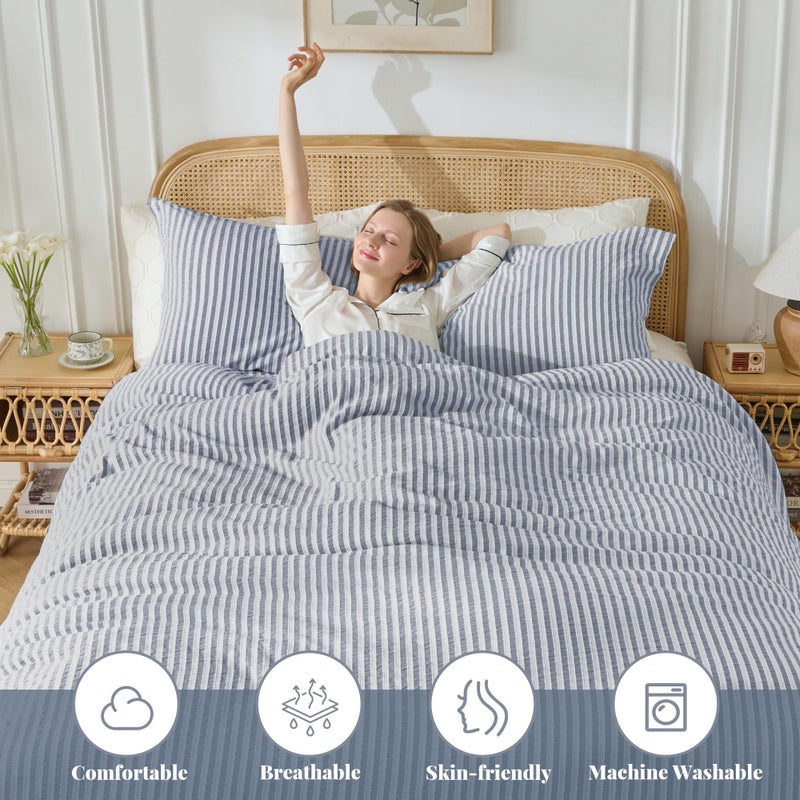 MILDLY Blue Striped Duvet Cover - 100% Washed Cotton Jacquard Boho Textured Comforter Cover 3pcs with Zipper Closure 90"x90" - Image 2