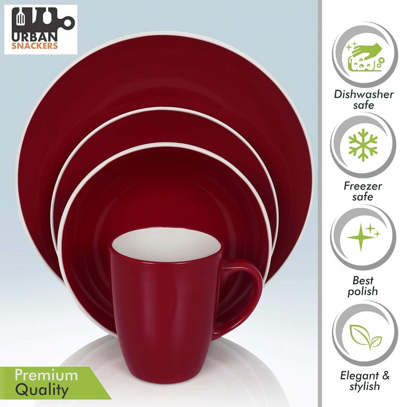 Urban Snackers Procelain 16 Piece Red Dinnerware Set for Kitchen Dining Table Set of 4 Dinner Plates 4 Plates 4 Bowls and 4 Mugs Dishwasher Microwave Freezer Safe - Image 3