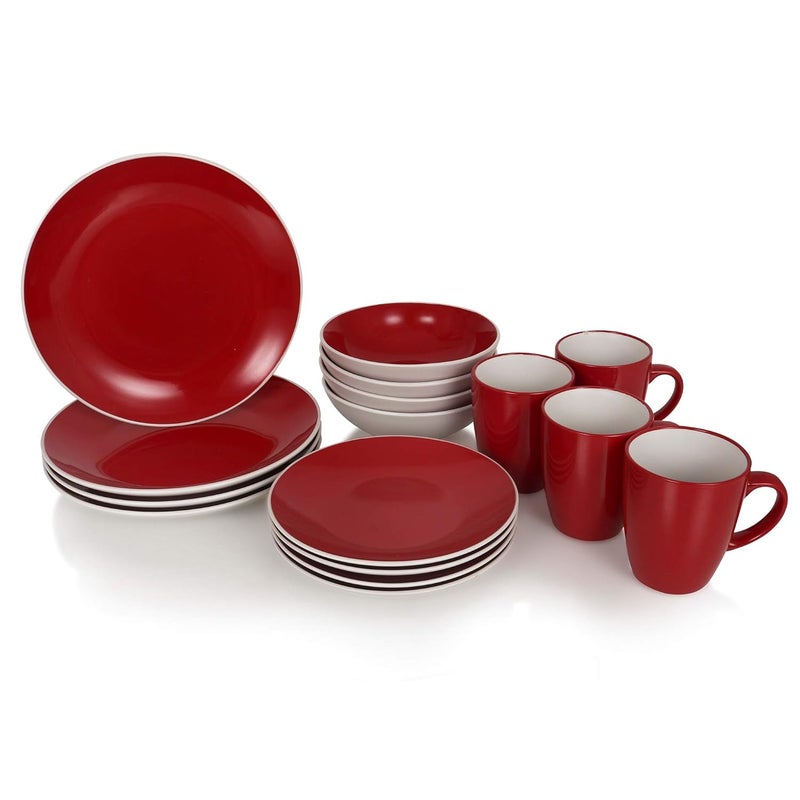 Urban Snackers Procelain 16 Piece Red Dinnerware Set for Kitchen Dining Table Set of 4 Dinner Plates 4 Plates 4 Bowls and 4 Mugs Dishwasher Microwave Freezer Safe - Image 1