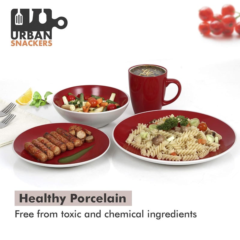 Urban Snackers Procelain 16 Piece Red Dinnerware Set for Kitchen Dining Table Set of 4 Dinner Plates 4 Plates 4 Bowls and 4 Mugs Dishwasher Microwave Freezer Safe - Image 2