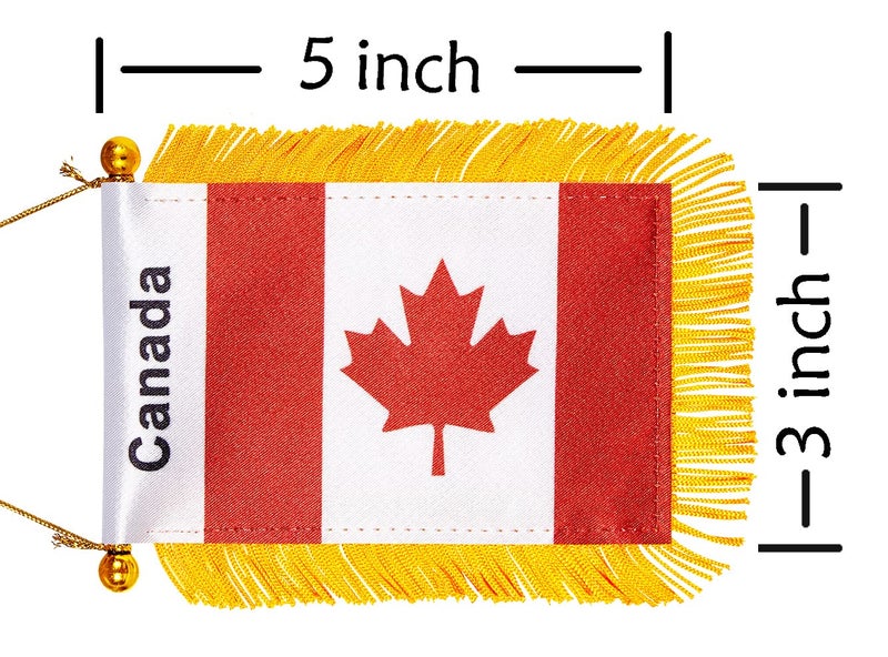 WXTWK 3 X 5 Inch Canada Flag Canadian Window Hanging Flag Small Mini Car Flags Banners Rearview Mirror Decoration With Suction Cup Golden Fringy Banner - Image 2