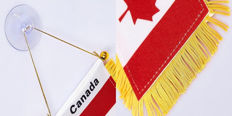 WXTWK 3 X 5 Inch Canada Flag Canadian Window Hanging Flag Small Mini Car Flags Banners Rearview Mirror Decoration With Suction Cup Golden Fringy Banner - Image 3