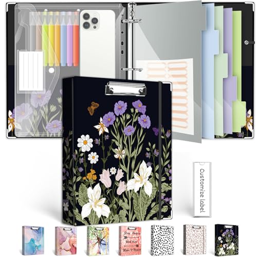 BVSSX 3 Ring Binder 1 Inch, Three Ring Binders Organizer with Clipboard, 5-Tabs Pockets Dividers, Plastic Folder, 18 Divider Stikers, BVSSX Pretty Binder with Pen Loop (Black Weeds, Letter Size) - Image 1