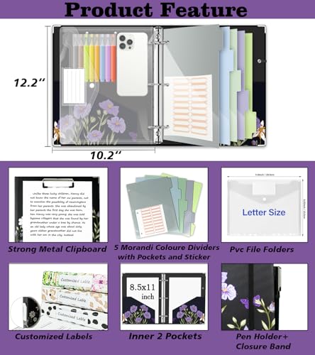 BVSSX 3 Ring Binder 1 Inch, Three Ring Binders Organizer with Clipboard, 5-Tabs Pockets Dividers, Plastic Folder, 18 Divider Stikers, BVSSX Pretty Binder with Pen Loop (Black Weeds, Letter Size) - Image 2
