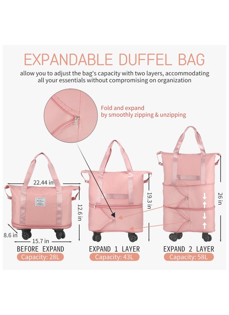 XiuWoo - Rolling Duffle Bag with Wheels  Expandable Foldable Duffle Bag with Wheels and Handle for Travel Rolling Luggage bag Carry on Duffel Bag  Wheeled Travel Duffle Bag  Large Weekend Bag Pink - Image 1
