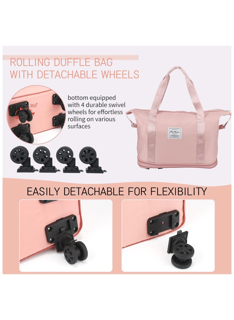 XiuWoo - Rolling Duffle Bag with Wheels  Expandable Foldable Duffle Bag with Wheels and Handle for Travel Rolling Luggage bag Carry on Duffel Bag  Wheeled Travel Duffle Bag  Large Weekend Bag Pink - Image 1