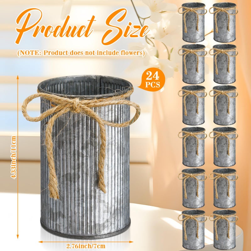Domensi Rustic Vase for Table Centerpieces 4.33 Inch Small Petite Flower Vase with Twine Bow Vintage Farmhouse Decor for Wedding Reception Dining, Home Galvanized Metal Buckets(Iron Color,24 Pcs) - Image 2