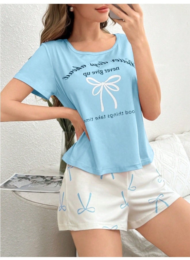 Bow Tie & Letter Print Short Sleeve Shorts Sleepwear Set  - Image 1