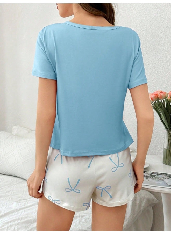 Bow Tie & Letter Print Short Sleeve Shorts Sleepwear Set  - Image 2