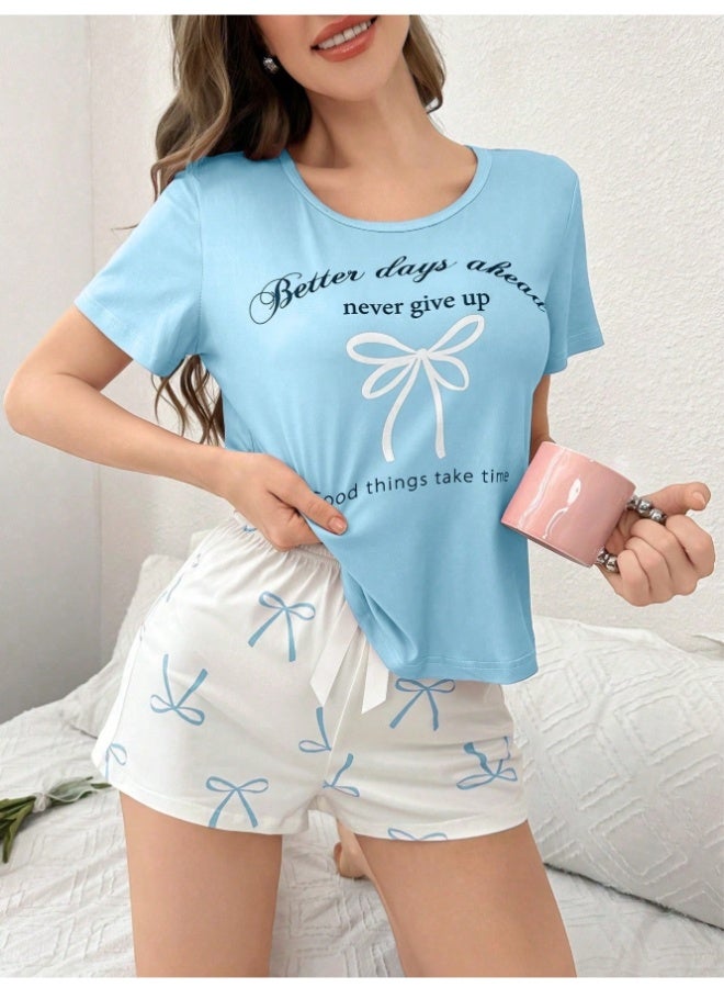 Bow Tie & Letter Print Short Sleeve Shorts Sleepwear Set  - Image 4