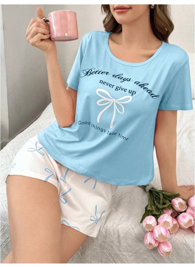 Bow Tie & Letter Print Short Sleeve Shorts Sleepwear Set  - Image 3