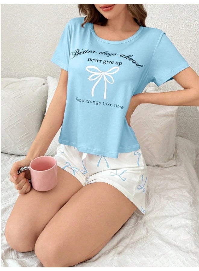 Bow Tie & Letter Print Short Sleeve Shorts Sleepwear Set  - Image 5