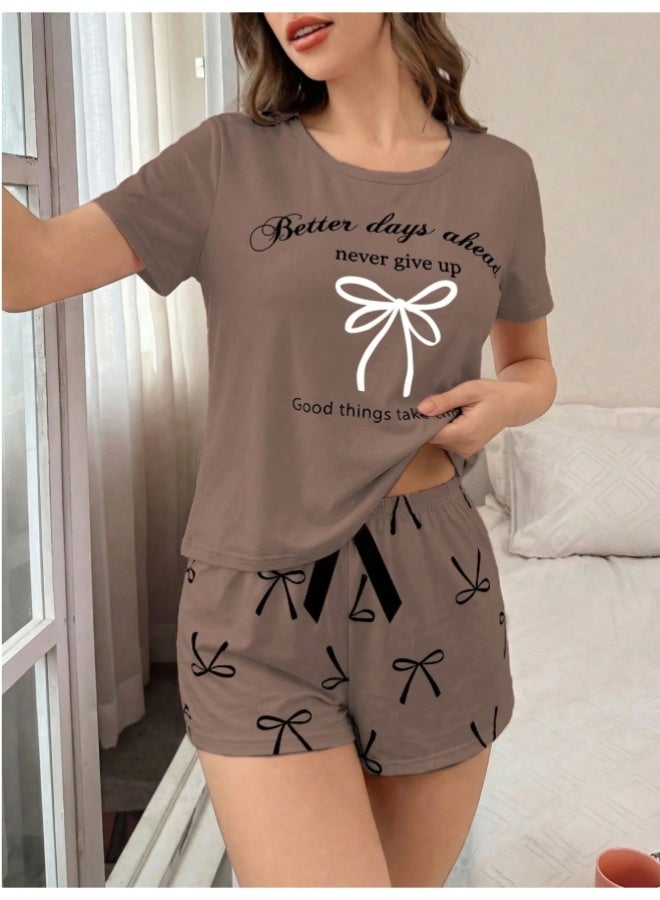 Bow Tie & Letter Print Short Sleeve Shorts Sleepwear Set - Image 4