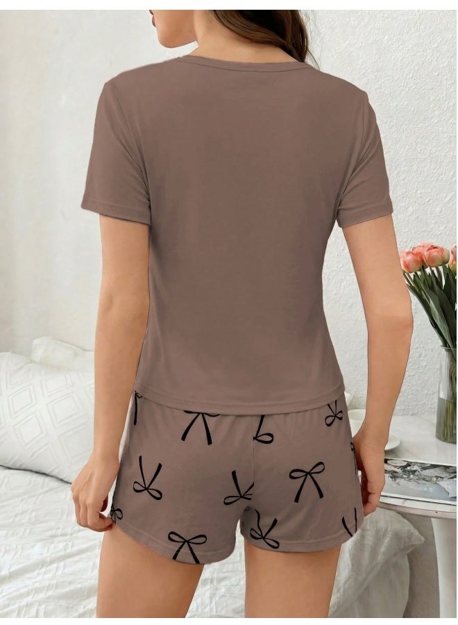 Bow Tie & Letter Print Short Sleeve Shorts Sleepwear Set - Image 3