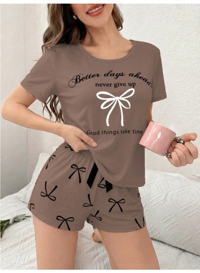 Bow Tie & Letter Print Short Sleeve Shorts Sleepwear Set - Image 2