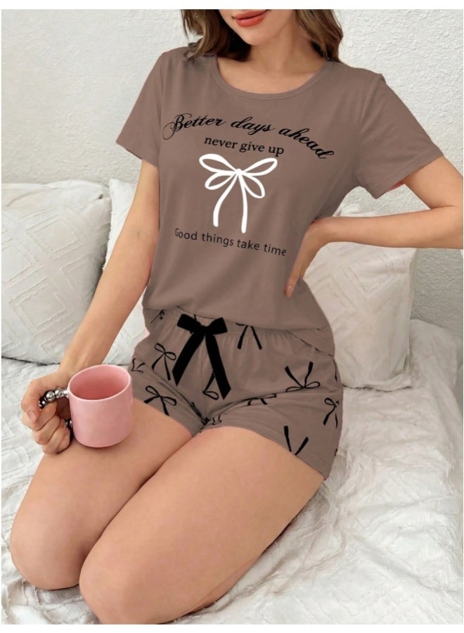 Bow Tie & Letter Print Short Sleeve Shorts Sleepwear Set - Image 5