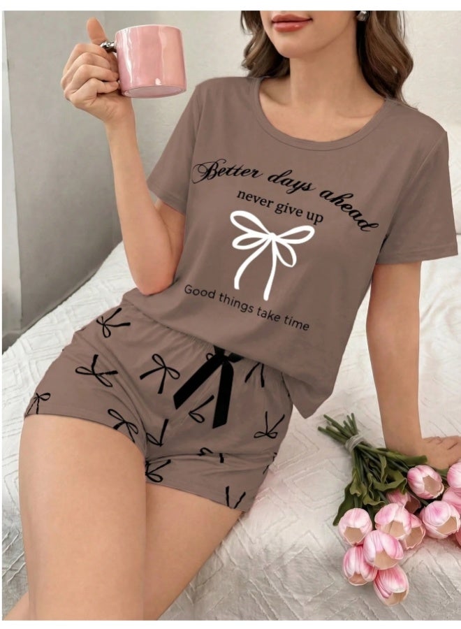 Bow Tie & Letter Print Short Sleeve Shorts Sleepwear Set - Image 1