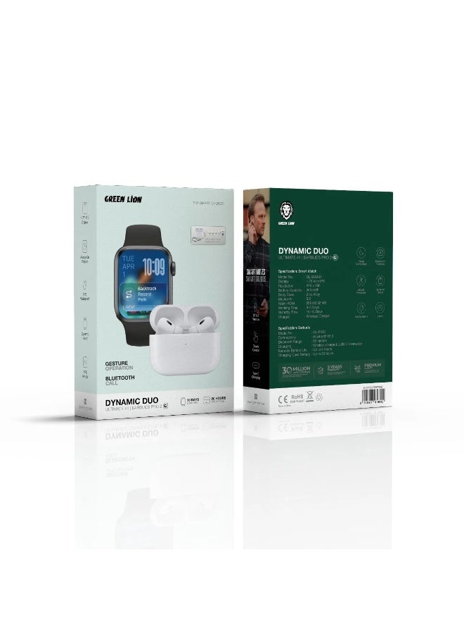 GREEN LION Combo Pack Dynamic Duo Ultimate 41 Smart Watch and Earbuds Pro 2 with Bluetooth V5.3 & IP65 Waterproof / Always-On Display / 1.75” IPS Display / Type-C Charging / Gesture Operation / Bluetooth Call & Camera / Dynamic Island / 3-5 Days Smart Watch Working Time / 5 Hours Earbuds Battery Life - Black & White - Image 1