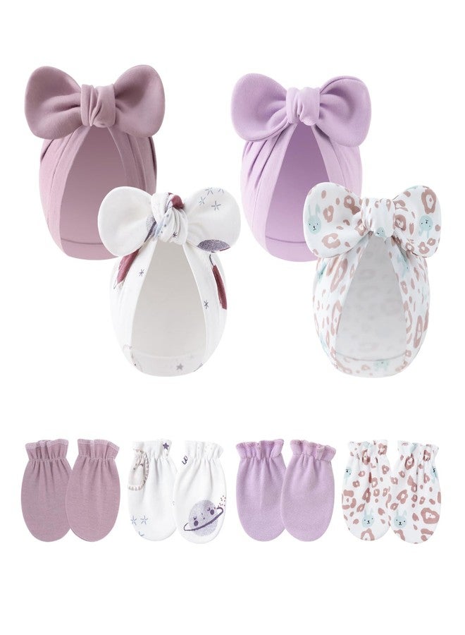 LIDHAY 4PCS Newborn Baby Hospital Hats Beanie Bow Infant Caps Cotton Preemie Hats No Scratch Mittens Set for 0-1 Years Old 03 - Image 1